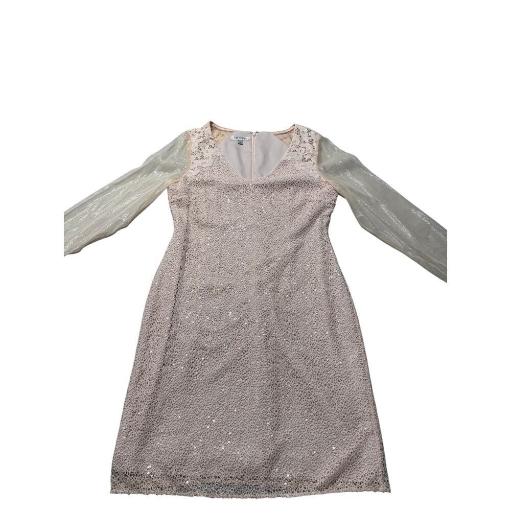 Kay Unger Sheath Dress Womens 12 Blush Pink Sequin Lace Long Sleeve Sheer Boho - Picture 4 of 14